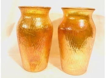 Pair Of Vintage Mid-Century Modern Marigold Carnival Glass Vases By Jeanette Glass