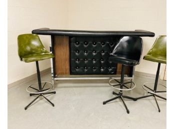 Vintage MCM Free Standing Bar With Tufted Vinyl Front And 3 Vinyl Stools