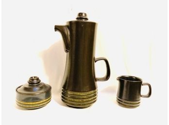 Vintage Mid-Century Modern Stoneware Coffee Pot With Creamer And Sugar