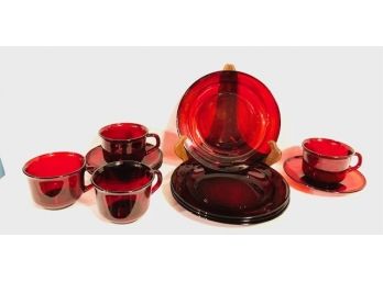 Vintage Arcoroc France Ruby Red Dessert Service - 12 Pieces