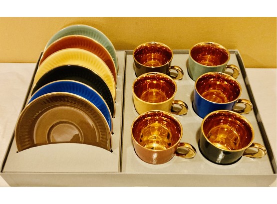 S/6 Enameled Demitasse Cups And Saucers In Box Figgjo Flint, Made In Norway