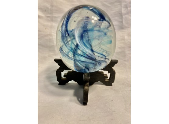 Hand Blown Paperweight With Beautiful Blue And White Swirls