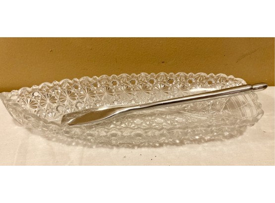 Very Nice Cut Glass Boat Shaped Butter Dish With Aluminum Oar For Serving. Oar Is Marked Mariposa