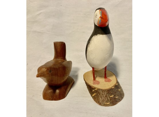 2 Wooden Birds Of A Different Feather A Puffin And A Brown Bird