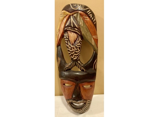 Carved Wooden Mask Of A Man With A Fish - Made In Haiti