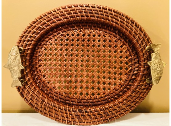 Beautiful Oval Woven Tray With Brass Fish Handles