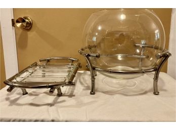 12.5x11.5 Punch Bowl And 14.5x8.5 Hors D'oeurves Plate With Bamboo Metal Frame