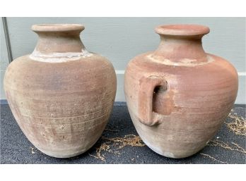 Large Terracotta Urns One With Handles And One Without