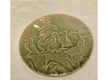 Decorative Green Glazed Ceramic Hot Plate With Puffins