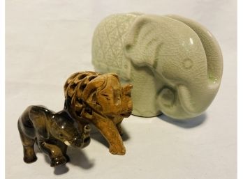 3 Elephants Green Napkin Holder Ceramic, Wood Carved Elephant, And A Small Ceramic One.