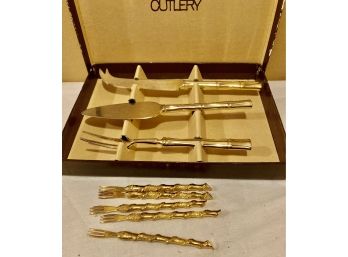 Supreme Cutlery Gold Handled Cheese Set Of 3 Plus 5 Hors D'oeurves Forks In Box