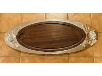 Jean Couzon France Large Elongated 18/10 Oval Serving Platter With Koi Fish Motif And Wood Insert