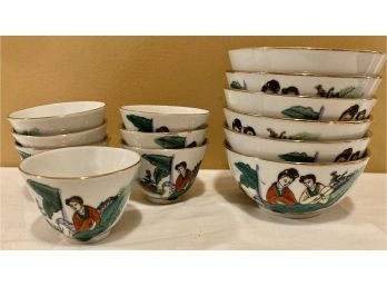 S/6 Rice Bowls, S/7 Sake Cups Decorated In Hong Kong
