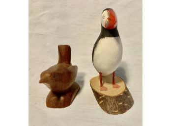 2 Wooden Birds Of A Different Feather A Puffin And A Brown Bird
