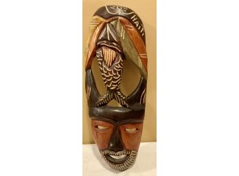 Carved Wooden Mask Of A Man With A Fish - Made In Haiti