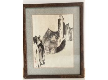 Vintage Signed Japanese Print Of Cat 17' X 22'