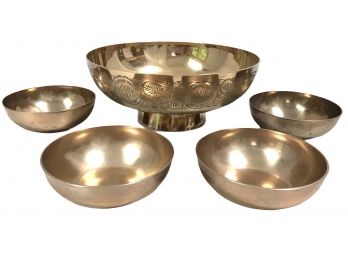 Vintage Brass 10' Footed Bowl & Four Smaller Bowls