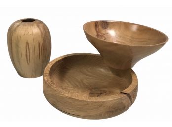 Trio Of Bowls In Light Maple, Cherry Burl And Exotic Palo Groco Wood  (P)
