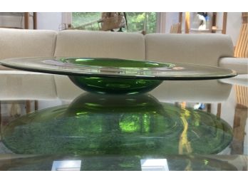 Stunning MCM Hand Blown Green 19' Low Glass Centerpiece Bowl