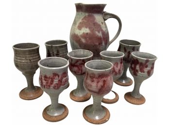 Signed Art Pottery Pitcher & Eight Goblets