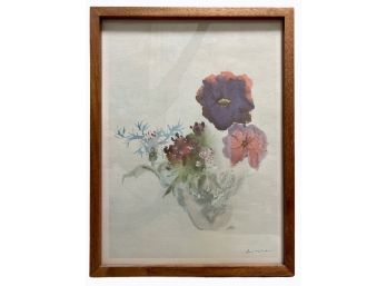 Signed Print Of Watercolor Flowers In Walnut Frame 12' X 16'