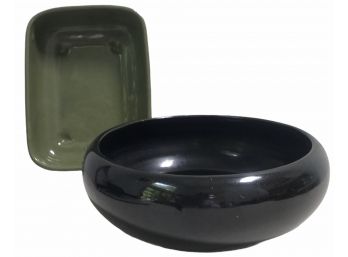 Two Vintage Ikebana Ceramic Flower Arranging Dishes -Black & Green