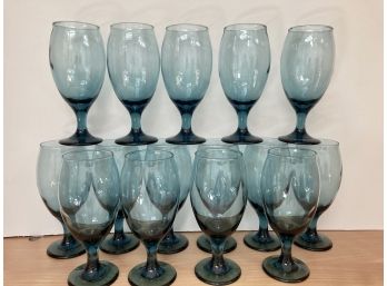 Set Of 15 Tall Vintage Aqua Glass Water Goblets (B)