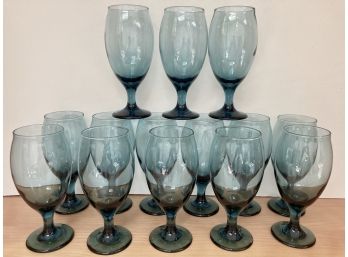 Set Of 14 Tall Vintage Aqua Glass Water Goblets (A)