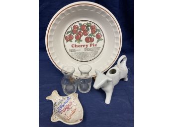 Cherry Pie Dish, Small White Cow A Fish, And Two Glass Jars