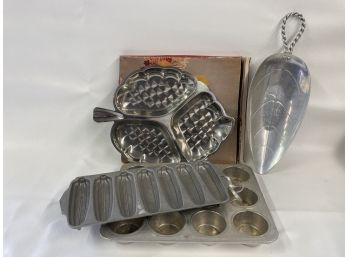 Four Metal Trays - Sectioned Leaf Tray, Large Leaf Dish, Corn Tray And Muffin Tin