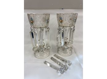Two Glass Hand Painted Candle Holders With Hanging Crystals