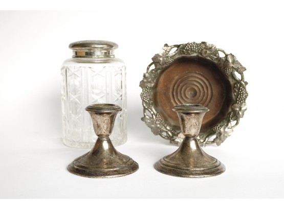 Vintage Gorham Sterling Weighted Candlesticks, Corbell & Co SP Wine Bottle Coaster And Vintage Etched Canister