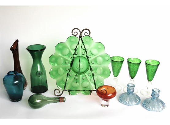 Vintage Collection Of Colored Glass, Some Hand Blown W Ponitl Marks, One Signed - 11 Pieces