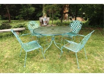 Vintage Woodard Style Wrought Iron Patio Set W Floral Leaf Design On Chairs & Glass Topped Table - 4 Cha