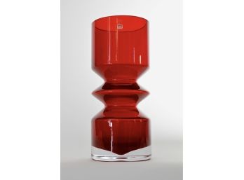 Vintage Modernist Finish Riihimaen Lasi Red Glass Vase By Tamara Aladin, W Original Sticker