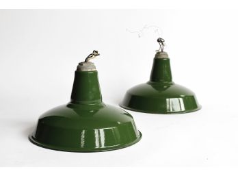 Vintage Pair Of Silva-a-king Enamel Green Industrial Lamps - 1 Of 2 Sets
