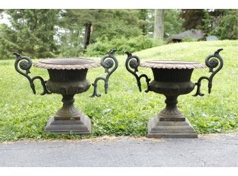 Large 30' Vintage Cast Iron Urns On Pedestal Bases & Floral Scroll Handles - A Pair