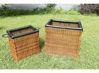 Large Pair Vintage Leather Topped Hot Air Balloon Style Baskets