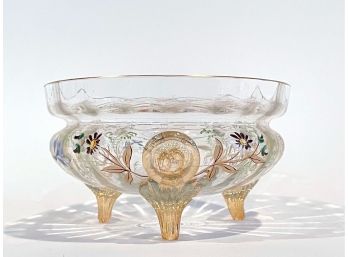 Vintage/antique Glass Bowl On Three Legged Base W Glass Lion Heads On Exterior, Delicately Painted Floral And