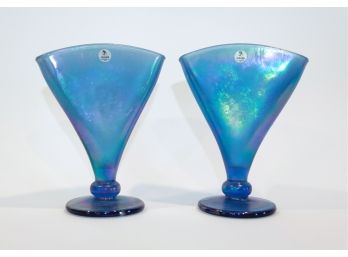 Vintage Fenton Blue Iridescent Stretch Fan Vases - A Pair