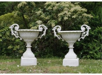 Antique Victorian Intricately Detailed Cast Iron Urns On Original Pedestal Bases