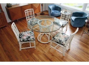 Vintage 70's McGuire Of San Fransisco Rattan Round Glass Topped Dining Table And Four Side Chairs - W Labels