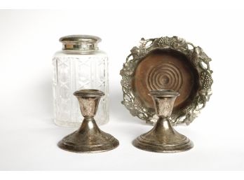 Vintage Gorham Sterling Weighted Candlesticks, Corbell & Co SP Wine Bottle Coaster And Vintage Etched Canister