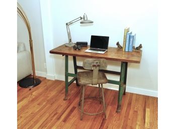 Vintage Industrial Red Wood Topped Work Bench & Stool