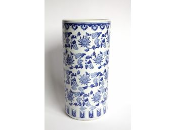 Blue & White Oriental Style Umbrella Stand With Floral And Leaf Motif
