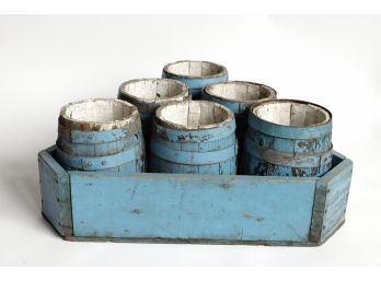 American Folk Art, Hand Painted Oak Barrels And Holder - Possible Vintage Game - 7 Pieces In Total