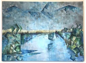 Large Oil On Canvas, Cubist Style Abstract Landscape - Signed Lifgren.