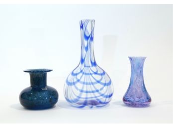 Collection Of Blue Artglass Vases - Swedish Kosta Boda, Moma And Unmarked - Set Of 3