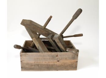 Vintage Wooden Box With Vintage Wooden Clamps Tools