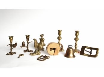 Vintage Collection Of Brass Tone Metal Candlesticks, Belt Buckles And Tabletop Dcor - 11 Pieces